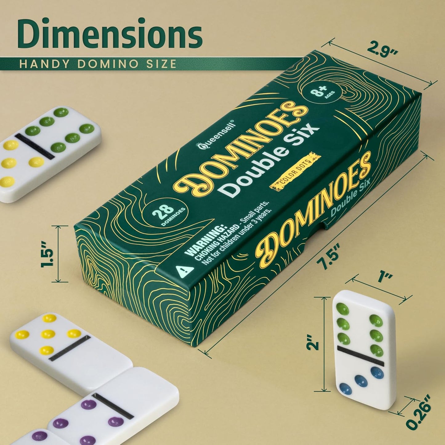 Queensell Dominos Set for Adults with Colored Dots - Double 6 Dominoes Set is a Classic Board Games for Kids and Adults - Double Six Standard Dominos Set 28 Tiles