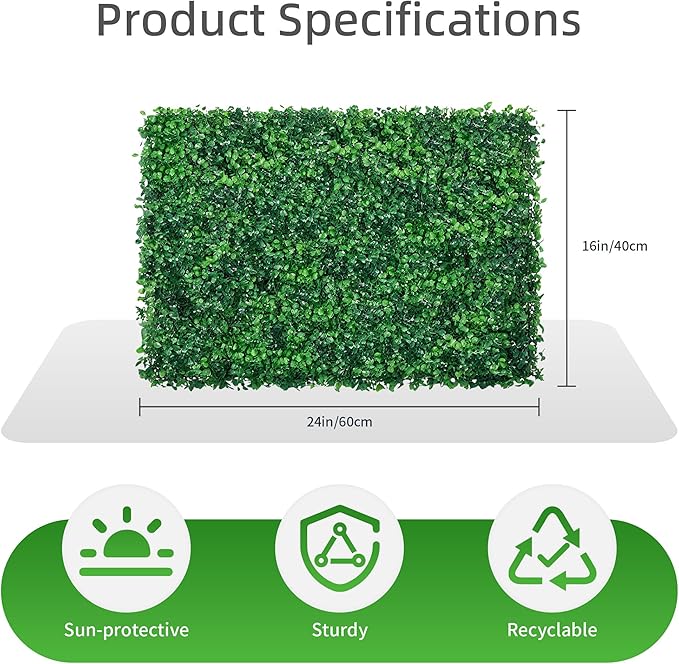 24x16 Inch Artificial Boxwood Panels (24-Pack) - UV Protected Faux Grass Wall Mats for Outdoor Fence Cover, Garden Privacy Screen, Indoor Wall Decor, and Wedding Backdrops