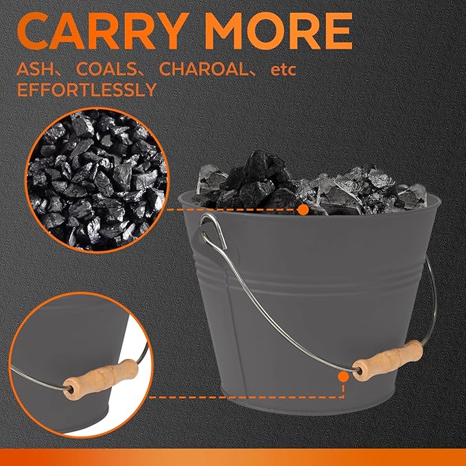 Small Ash Bucket with Lid and Shovel, Metal Fireplace Ash Bucket with Broom, Complete Fireplace Tools Set for Wood Stove and Fireplace, Gray