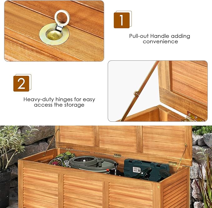 HAPPYGRILL 46 Gallon Acacia Wood Deck Box, Outdoor Storage Box Garden Tools Box Container for Patio Garden Garage