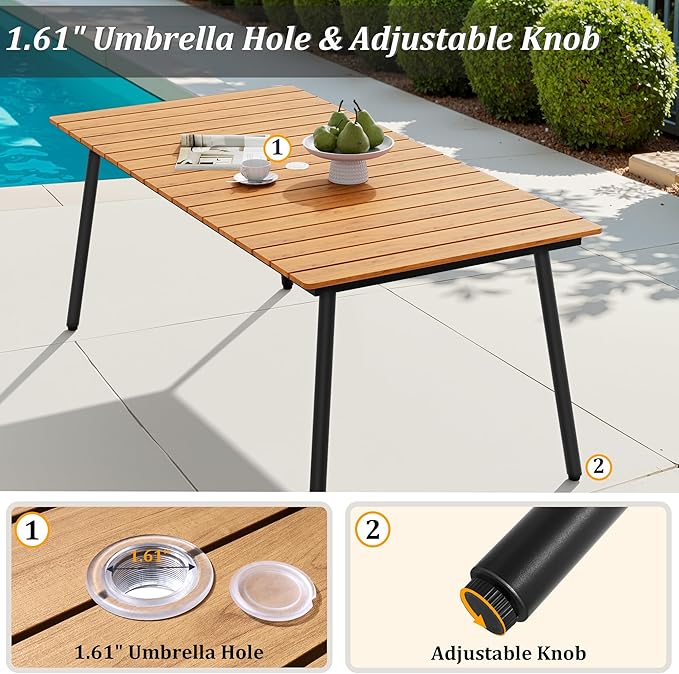 70" Patio Outdoor Dining Table for 4-6, Weather-Resistant Wood-Grain Top with Aluminum Frame & Umbrella Hole for Deck Gatherings, Brown