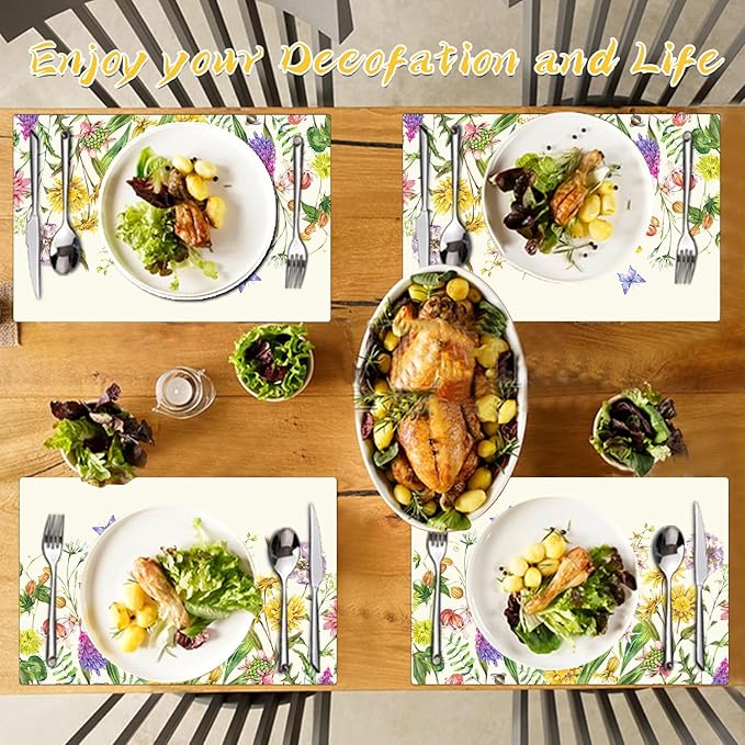 Flower Placemats Set of 4 - Floral Faux Leather Heat Resistant Placemats for Dinner Table, Non-Slip Waterproof Oil-Proof Washable Reusable Placemat for Indoor Outdoor Kitchen Decor, 15.75In*11.81In