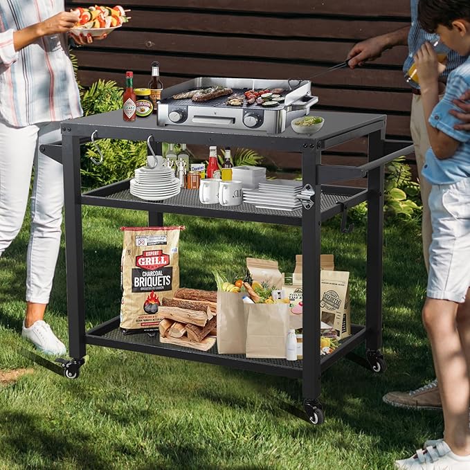 Domi 3-Tier Outdoor BBQ Grill Cart with Lockable Wheels | Portable Pizza Oven Stand & Food Prep Station | Compatible with Blackstone Griddle & Propane Tanks | All-Weather Patio Cooking Center