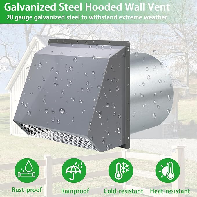 8 Inch Hooded Wall Vent with Screen and Damper, Wall Exhaust Vent Cover Cap for Exterior Ventilation and Outdoor Air Exhaust Kitchen Range Hood Dryer HVAC Duct, Galvanized Steel, Gray