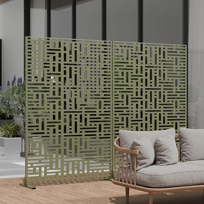 Casaphoria Metal Privacy Screen Outdoor, 72" H x 47" W Freestanding Decorative Privacy Screen for Patio Deck Balcony Garden with Stable Base, Grey-Helen