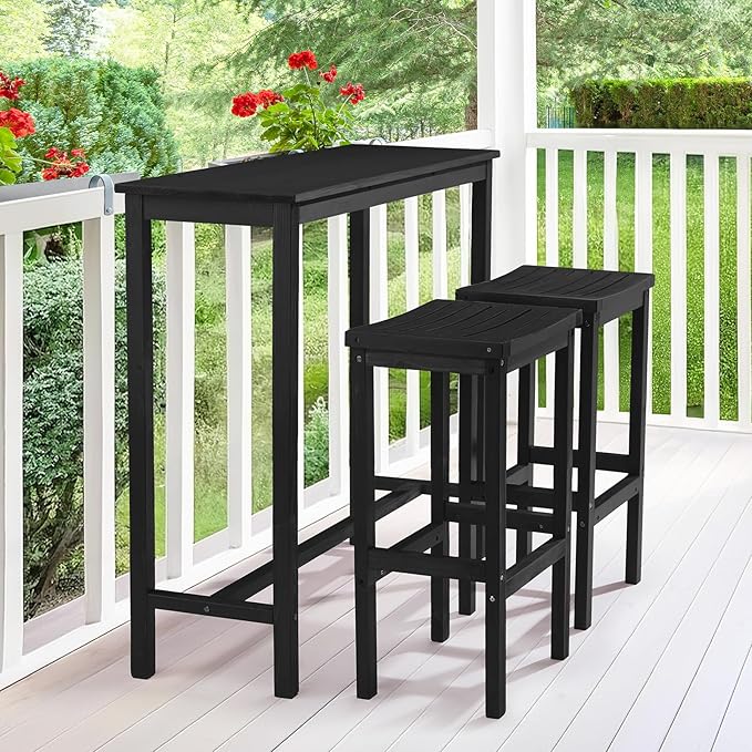 VINGLI 3-Piece Fir Wood Outdoor Bar Table and Chairs Set, Outdoor Bar Height Table with 2 Bar Stools Patio Bistro Set for Garden Balcony Backyard (Black)