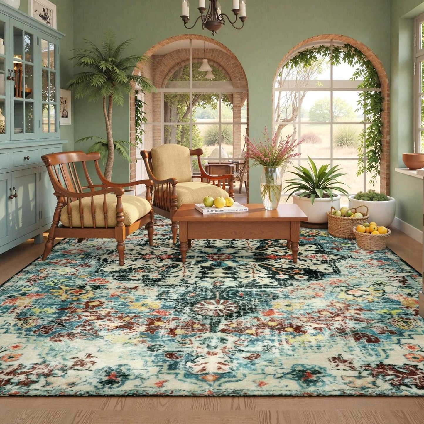 Lahome Boho 8x10 Rugs for Living Room, Teal Washable Rugs for Bedroom Aesthetic Large Dining Room Rug, Large Bohemian Printed Non-Slip Low Pile Throw Playroom Carpet for Kids Room Nursery Office