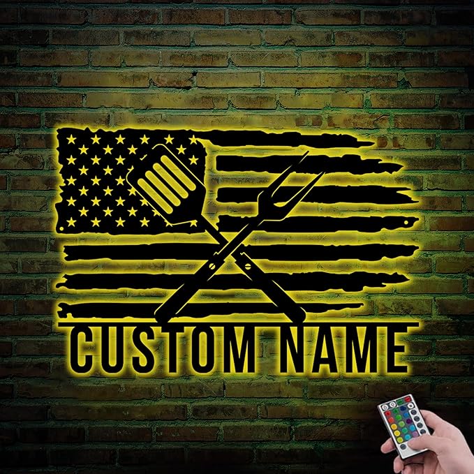 Personalized BBQ Sign With Led Lights - American Flag Metal Wall Art, Custom Name Sign, Patriotic BBQ Decor for Bar, Kitchen, Backyard, Patio Man Cave