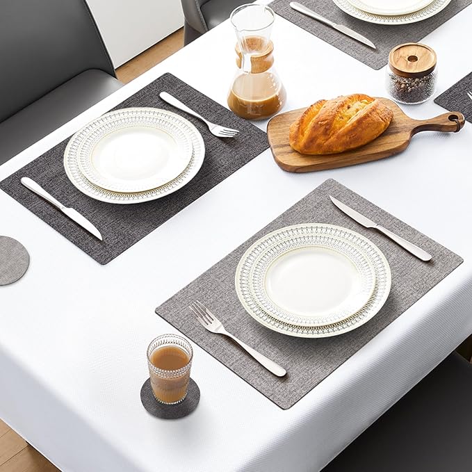 MOSAYT Faux Leather Placemats Set of 6, Heat Resistant Wipeable Washable Vinyl Place Mats with Coasters, Waterproof Oil Proof Table Mats for Kitchen Dining Party Outdoor, 12" x 17", Dark Light Grey