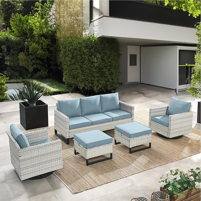 HUMMUH Outdoor Ottomans for Patio Set of 2 PE Wicker Outdoor Footstool with Removable Weather-Resistant Cushions for Patio, Backyard Light Grey Lake Blue