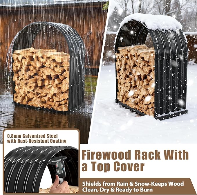 Heavy-Duty Black Firewood Storage Shed – Metal Log Holder with 32" Round Roof – Outdoor Wood Rack for Patio, Deck & Fireplace – Weatherproof Lumber Stand for Firewood (2.7FT Diameter Roof)