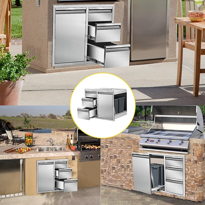 Outdoor Kitchen Door Drawer Combo Cabinet 28" W x 22" H x 19.5" D Stainless Steel Built-in Triple Drawers&Left Trash Drawer Combo Cabinet for Outdoor Kitchen Island, Patio Grill Station