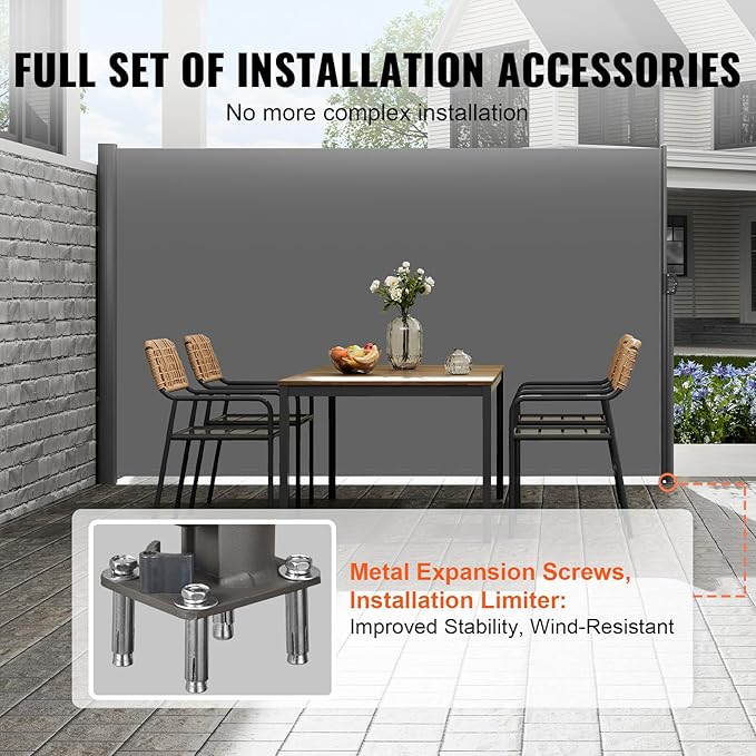 VEVOR Retractable Side Awning, UV 50 63''x 118'' Full Aluminum Rust-Proof Outdoor Privacy Screen, 280 g Thicken Folding Room Divider Wind Screen, for Patio Sun Shade, Backyard, Balcony, Gray