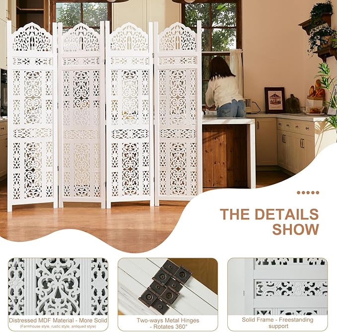 5.75Ft Room Divider Wood Screen, 33Lbs Durable Antiqued Style MDF Carved Headboard, Reversible Freestanding Folding Partition Paravent for Home Office, 69 * 71 inch(H*W) - 4 Panels (Rustic White)