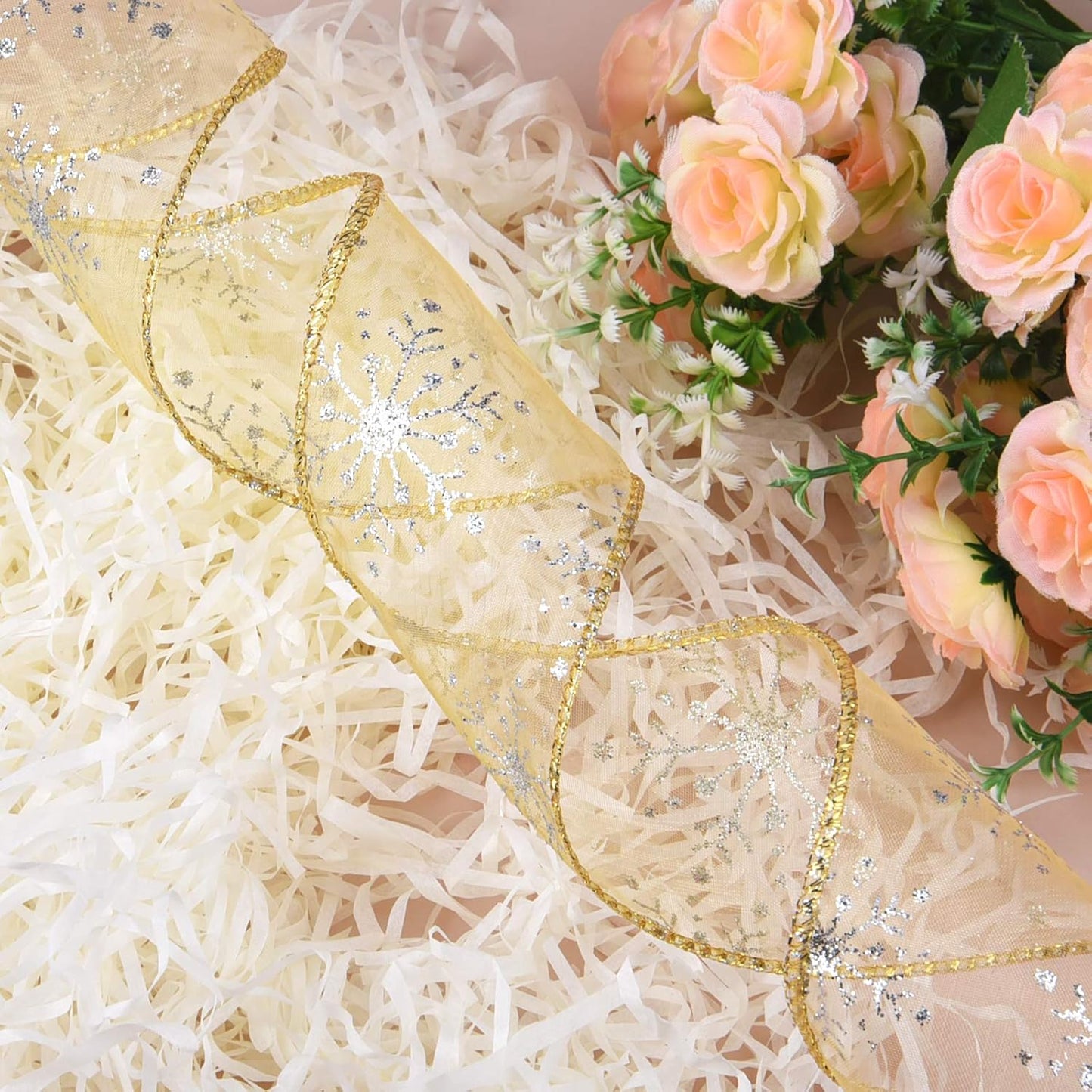 2.5 Inch Wide Christmas Wired Ribbon Snowflake Organza Sheer Glitter Ribbon for Xmas Tree, Wreath, Party Decoration, Gift Wrapping (Golden, 21.9 Yards)