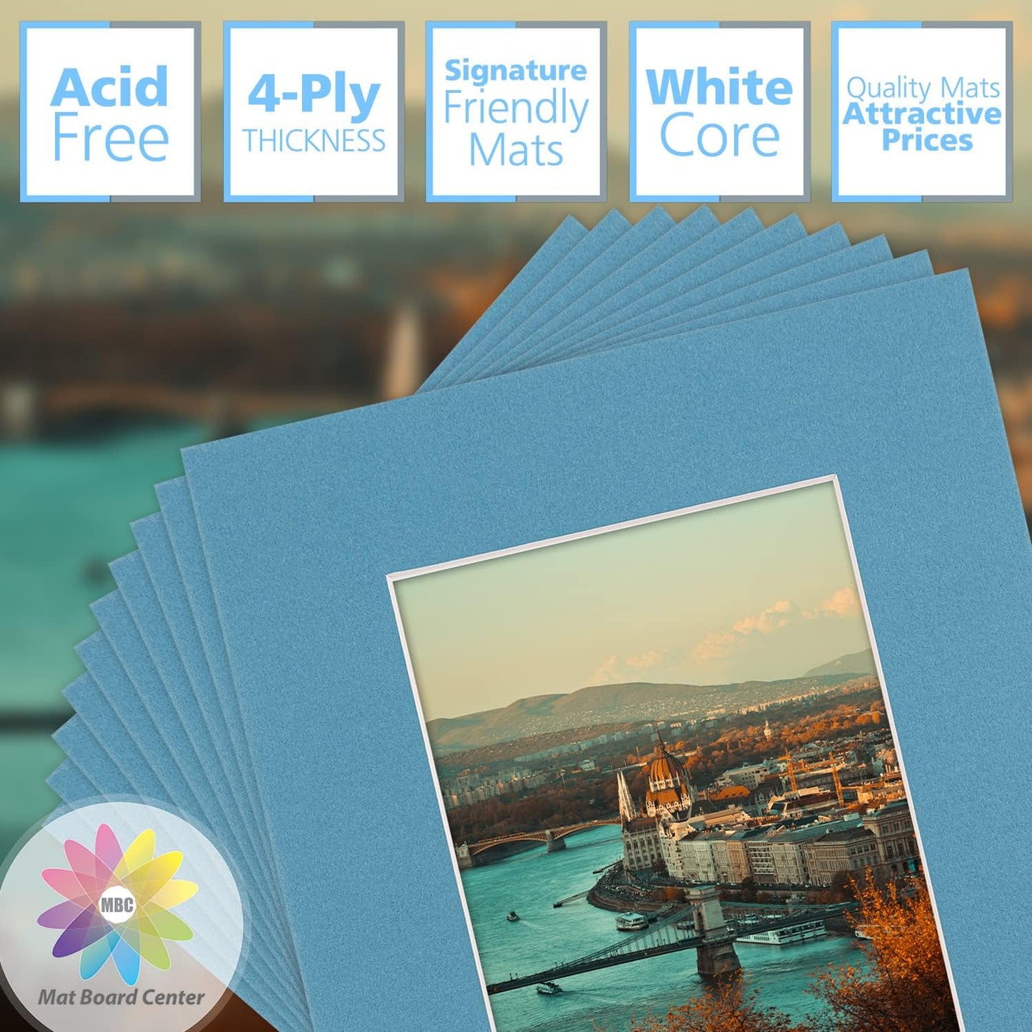 Mat Board Center, Pack of 10, 8x10 for 5x7 Dynamic Blue Color Mats - Bevel Cut, Acid Free, 4-ply Thickness, White Core - for Pictures, Photos, Framing