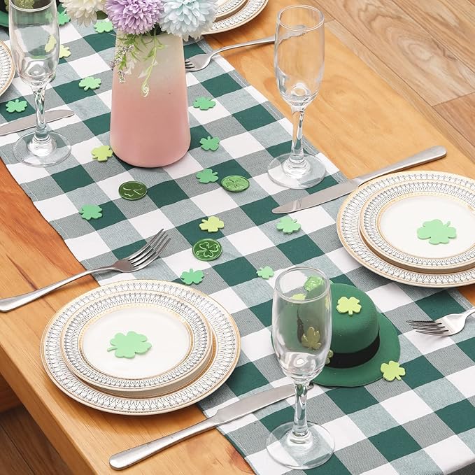 Green Plaid Table Runner 2 Packs 13 x 84 inch Buffalo Check Table Runner St. Patrick's Day Cotton Dresser Scarves for Home Party Dinner Gatherings Decorations