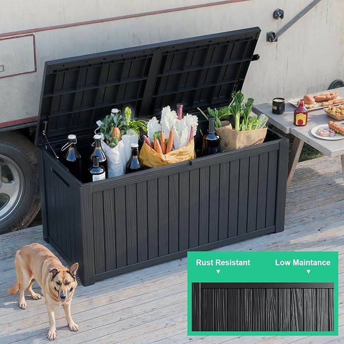 200 Gallon Large Deck Box,Resin Outdoor Storage Box with Lockable for Patio Furniture, Pool Accessories, Garden Tools Waterproof Outside Storage Box, Black