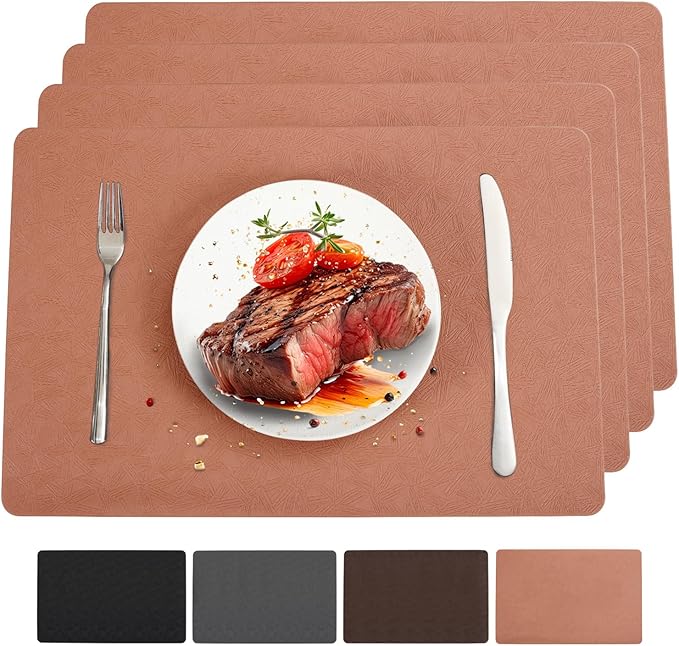 Vinyl Placemats Set of 4 Heat Resistant Easy Clean Non-Slip Place Mats for Dining Table. Faux Leather Waterproof Stain Resistant Wipeable Washable PU Table Mats(4, Coral)