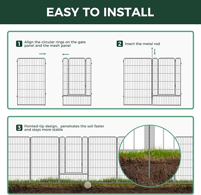 FXW Garden Fence Outdoor for The Yard – 45in(H) x 109.4ft(L) Heavy Duty Metal Animal Barrier for Dog and Rabbit, Decorative Dog Fence, 48 Panels, Silver