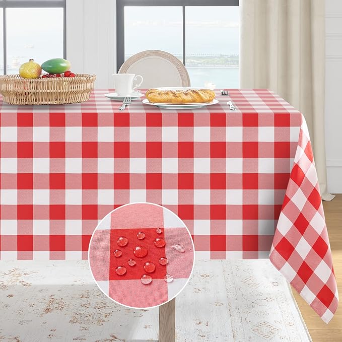 Softalker Gingham Checkered Tablecloth Rectangle - Outdoor Waterproof Buffalo Plaid Table Cloth, Stain Resistant Washable Table Cover for Picnic, Camping, Dining - Red and White, 60 x 84 Inch