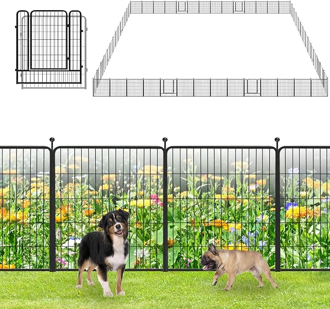Garden Fence with Gate Metal Fencing Outdoor for Yard, 32in x128ft 56 Panels Outdoor Dog Fence Temporary Fence for Dogs Outside, Rustproof Garden Fencing Flower Bed Edging for Patio