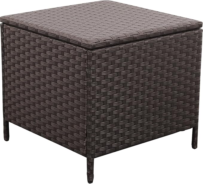 Outdoor Wicker Storage Side Table, Patio Brown PE Rattan End Table with Storage, Square Container for Furniture Covers, Toys, and Gardening Tools