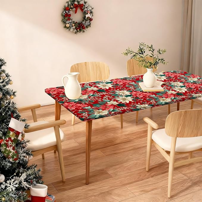 Rectangle Table Cloth Cover Waterproof Elastic Fitted Polyester Fitted Tablecloths for 4 Foot Tables for Indoor,Picnic, Camping, Outdoor （48" x 24"，Christmas Flowers）