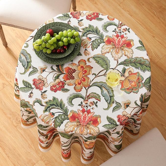 patdrea Designer Vintage Linen Round Tablecloth,Provencal Rustic Floral Pattern Tablecloths,Decorative Table Cover Cloth for Kitchen,Dining Room,Tea Party,Home,Christmas,Diameter 67"