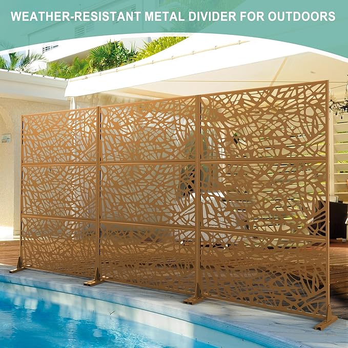Metal Privacy Screen for Outdoor & Indoor Use, Free Standing Privacy Screen for Patio Garden Pool, 72" H x 47" W Decoative Privacy Panels, Weather Resistant, Easy Assembly (Brown Net)