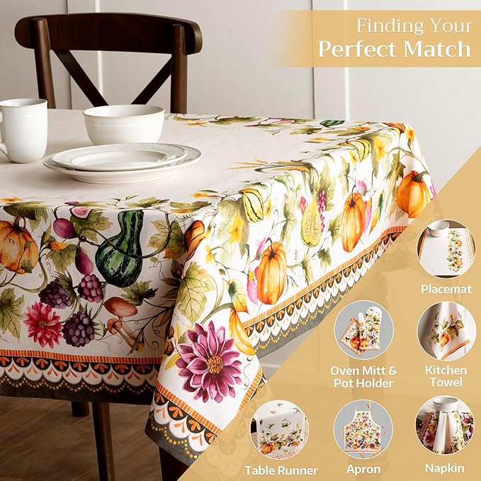 Maison d' Hermine Table Cloth Rectangle Table 100% Cotton 60 x 108 Inches Fall Tablecloth Reusable Everyday Use for Thanksgiving Christmas Decorations Dining Farmhouse (Pumpkin Garden - Cloudy Cream)