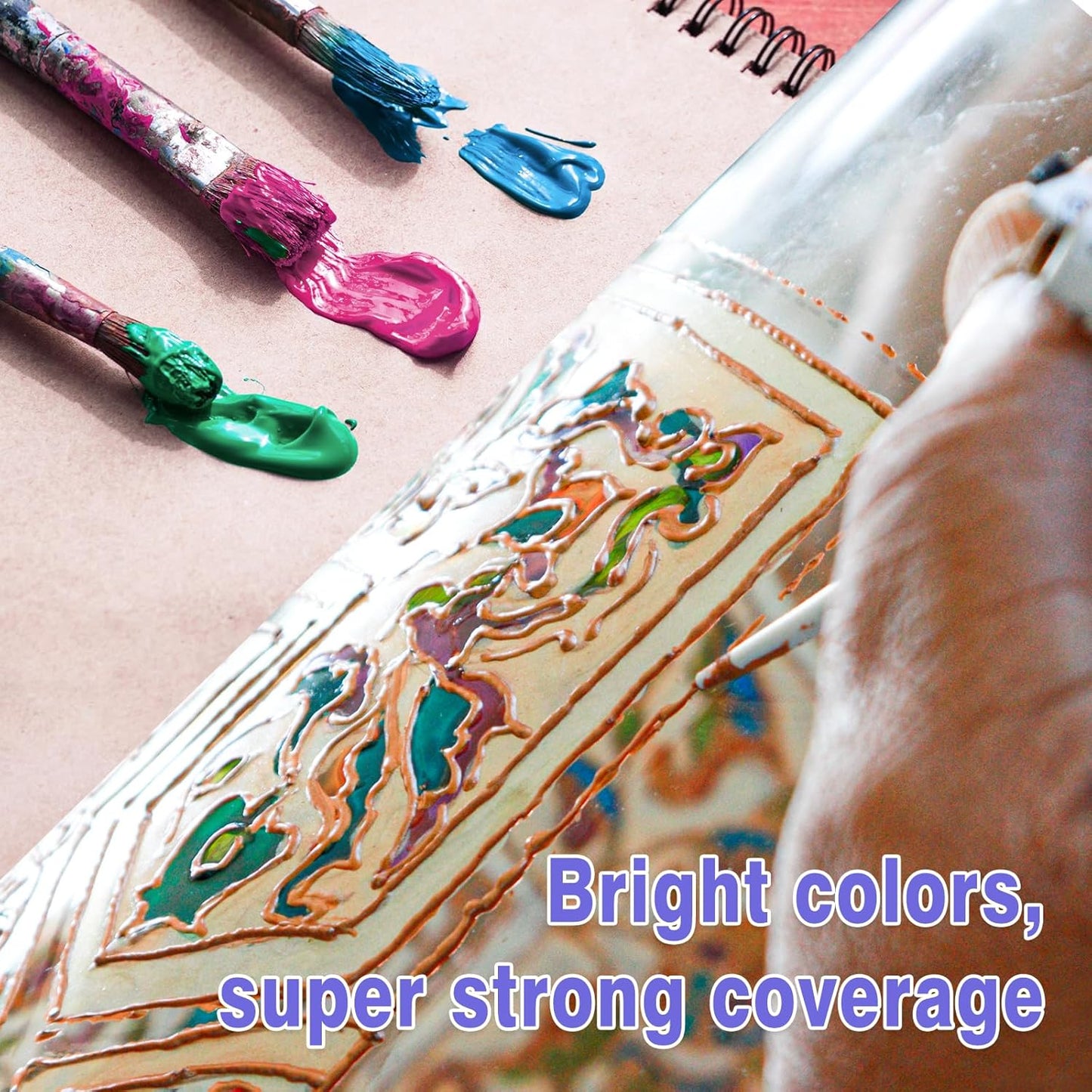 Colorful Stain Glass Paint Set with 6 Brushes, 1 Palette & 1 Sponge, 14 Colors Waterproof Permanent Glass Painting Kit for Arts on Wine Glasses,Bottle and Windows