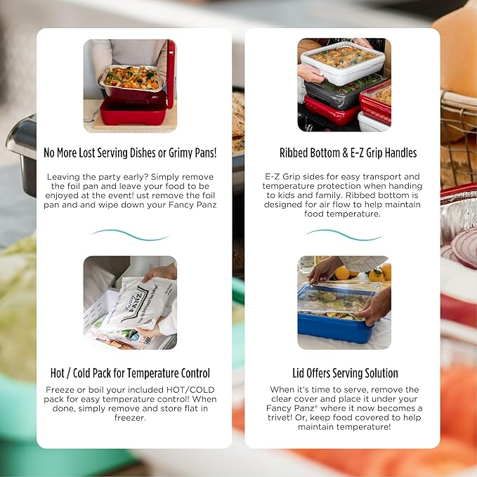 Fancy Panz - Platinum Classic Aluminum Foil Pan Carrier with Lid - Elevated Food Serving Tray - Portable Casserole Carrier with Lid - Made in The USA Hosting Essentials