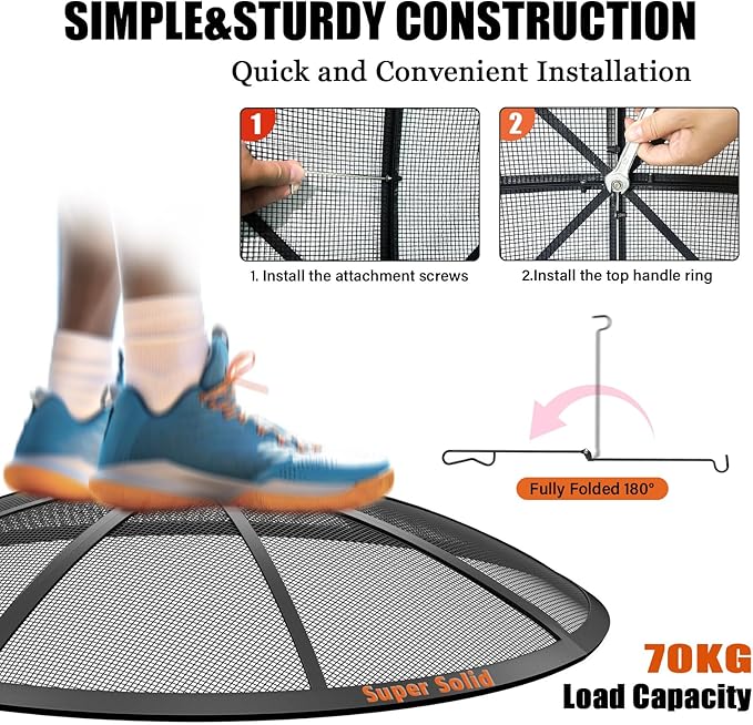Fire Pit Spark Screen, 27Inch Fire Pit Lid Outdoor with Handle & Poker, Heavy-Duty Mesh Firepit Cove with 12 Reinforced Bars for Backyard/Beach/RV Camping
