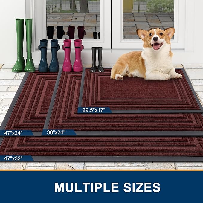 Buganda Front Door Mat Indoor Outdoor Entrance, Non-Slip Natural Rubber Doormats, Easy Clean, Low Profile, Dirt Trapper Entryway Floor Mats for Outside, Garages and Patios, 29.5x17, Wine Red