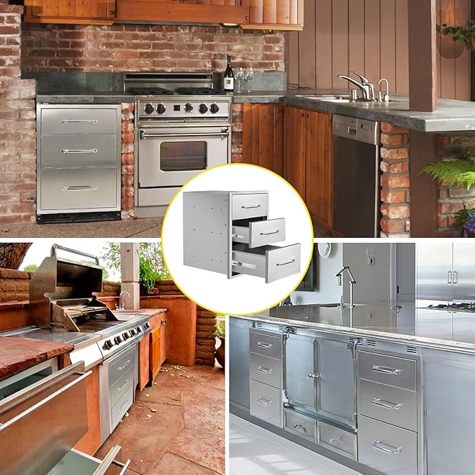 Outdoor Kitchen Drawers 15.7" W x 21.6" H x 17.7" D Flush Mount Triple BBQ Drawers with Chrome Handle Stainless Steel Drawer for Outdoor Kitchen Island, Patio Grill Station