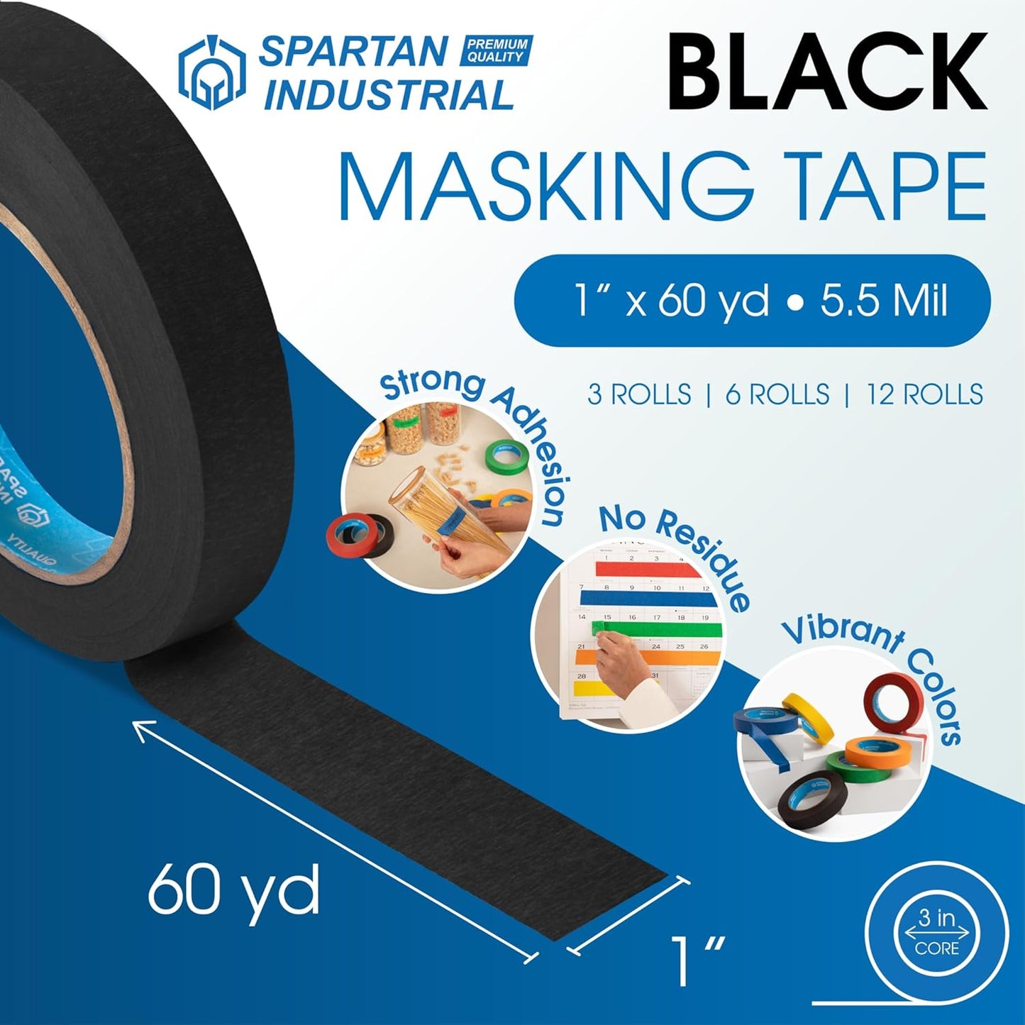 Spartan Industrial - 1" X 60 yd Black Masking Tape - 3 Color Tape Rolls for Arts and Crafts, Painting, and More - No Residue, 5.5 Mil