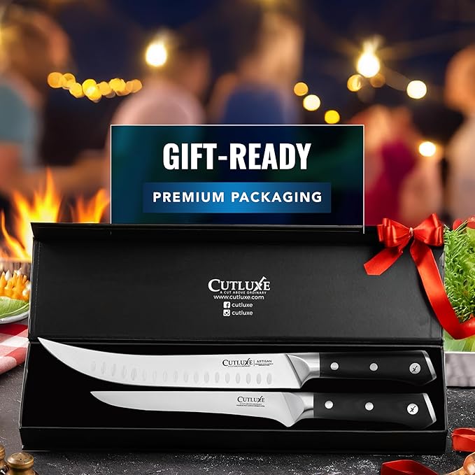 Cutluxe Butcher Carving Set – Cimeter Breaking & Boning Knives for Meat Cutting – Professional Knife, Razor Sharp German Steel, Full Tang, Ergonomic, Butcher Knives for BBQ – Artisan Series