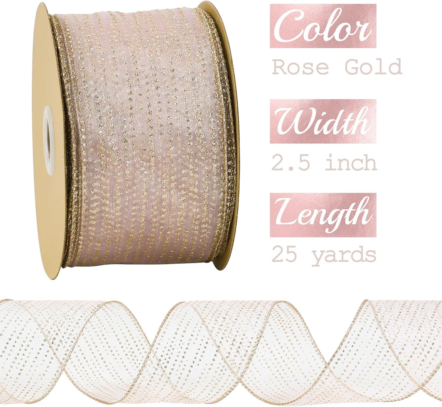 MEEDEE Rose Gold Sheer Glitter Wired Ribbon 2.5 Inch Horizontal Stripes Polka Dot Christmas Ribbon Organza Sheer Glitter 25 Yards for Christmas Tree, Wreath, Bow Making