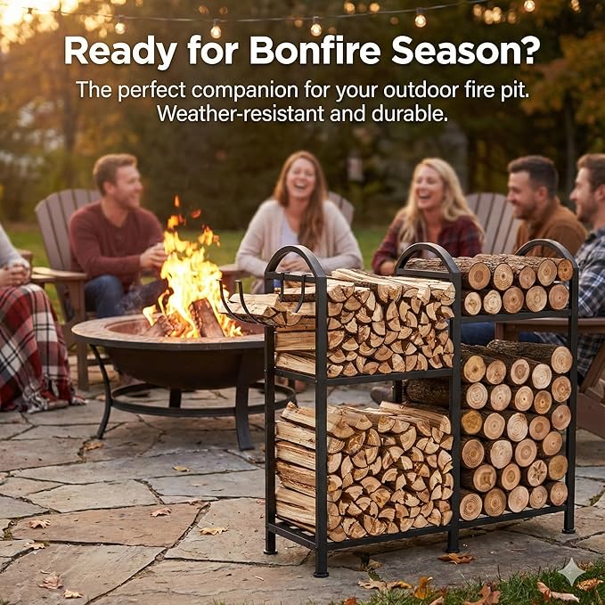 Firewood Rack Indoor With Hooks, 31inch Firewood Rack, log holders for firewood outdoor, Fireplace Wood holder Indoor, Adjustable Small Fire Wood Storage