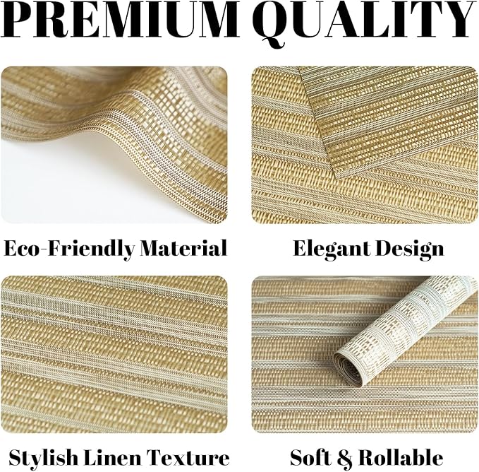 Placemats Set of 12 Vinyl/Plastic Woven Place Mats for Kitchen Table Indoor/Outdoor Washable Placemat Wipeable Dining Table Mats (Aurora Gold,12)