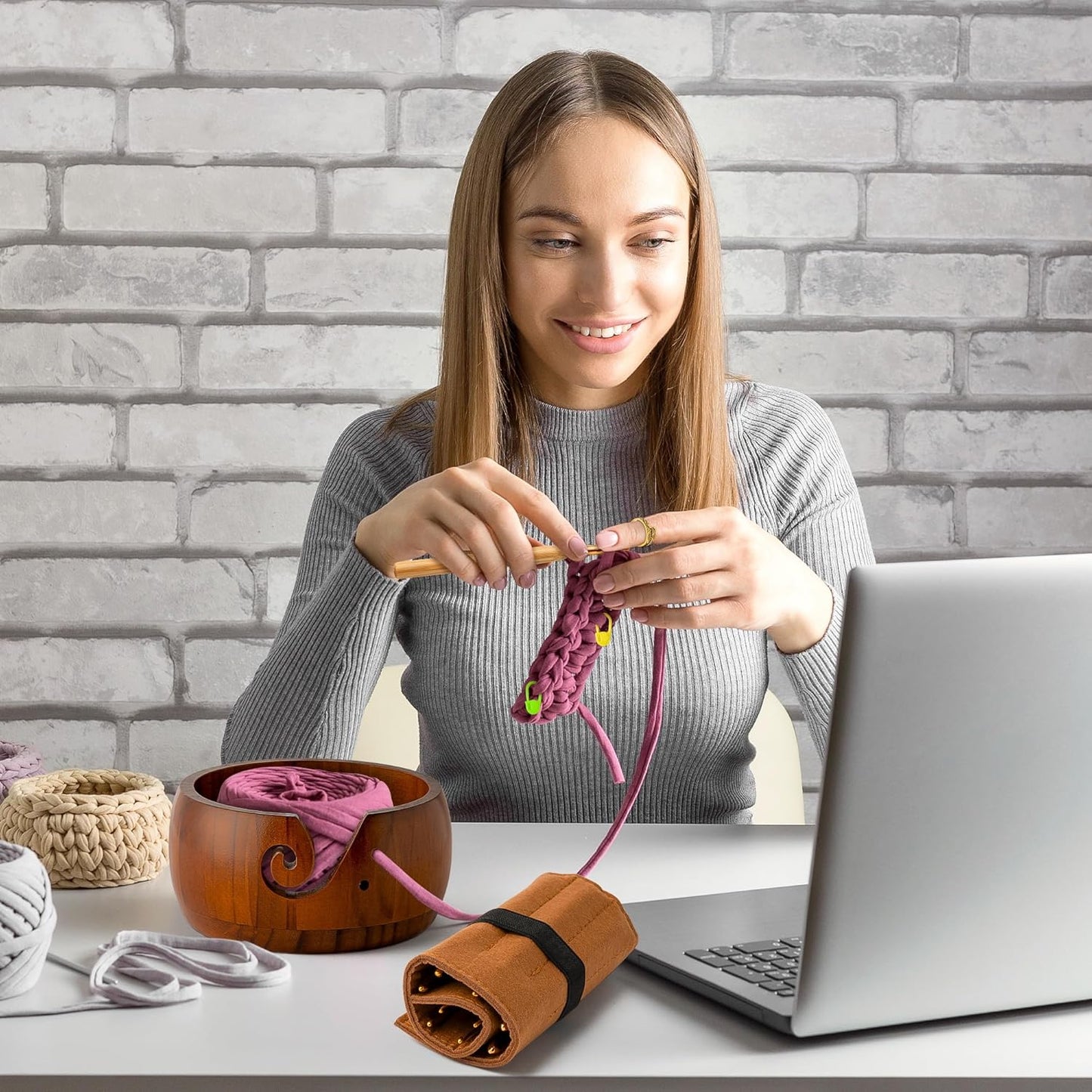 WATINC Wooden Yarn Bowl Holder Set - Large Crochet Yarn Storage Bowls with 9pcs Metal Knitting Hooks, Adjustable Loop Ring Stitch Markers with Box Crochet Gifts for Knitters Crocheters (Dark Brown