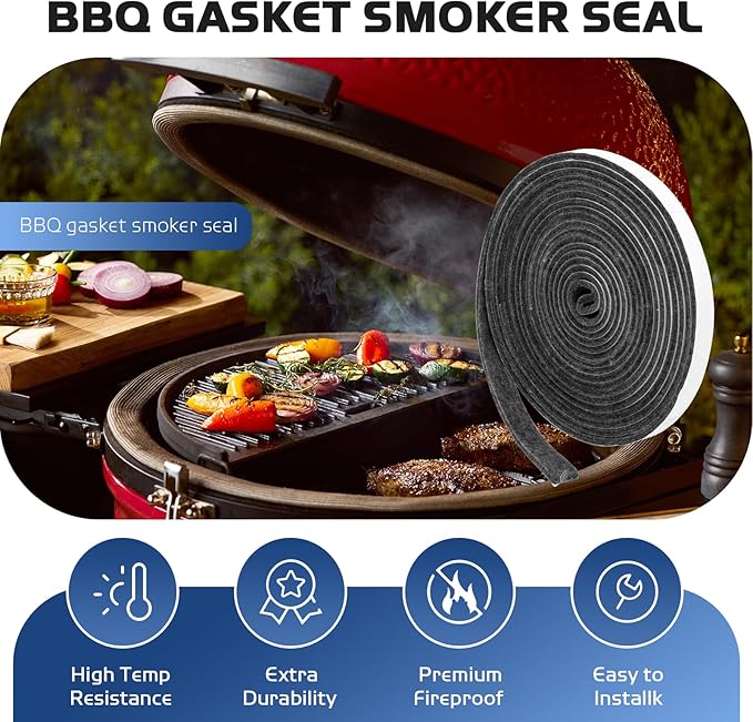 15 FT BBQ Smoker Gasket, 1/2" x 1/8" High Temperature Grill Gasket Replace for BBQ Door Lid Seals, Gray Self Stick Smoker Seal Gasket Withstand Hi-temp Up to 400°F