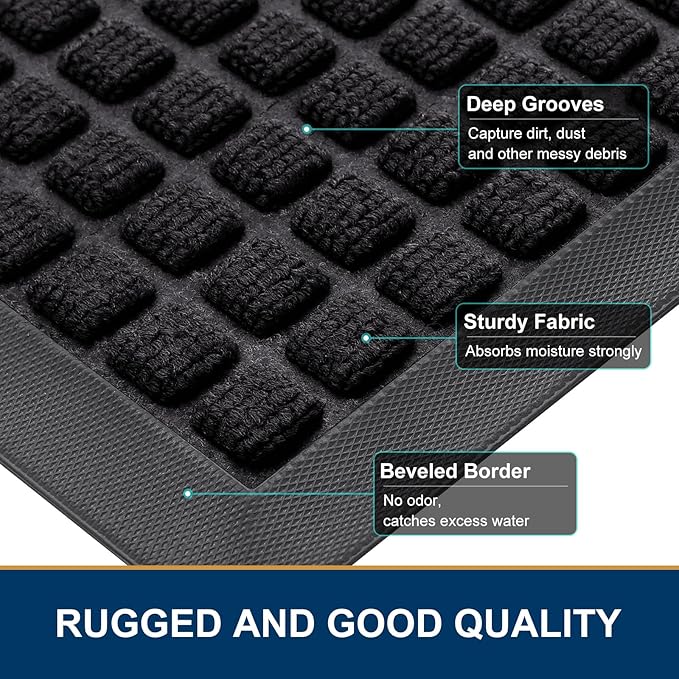 Smiry Front Door Mat Outside Entrance, Heavy Duty Natural Rubber Doormat, Non Slip, Trap Dirt and Moisture, Easy Clean, Low Profile Welcome Floor Mats for Indoor Outdoor Entry, 59x34 Inch, Black