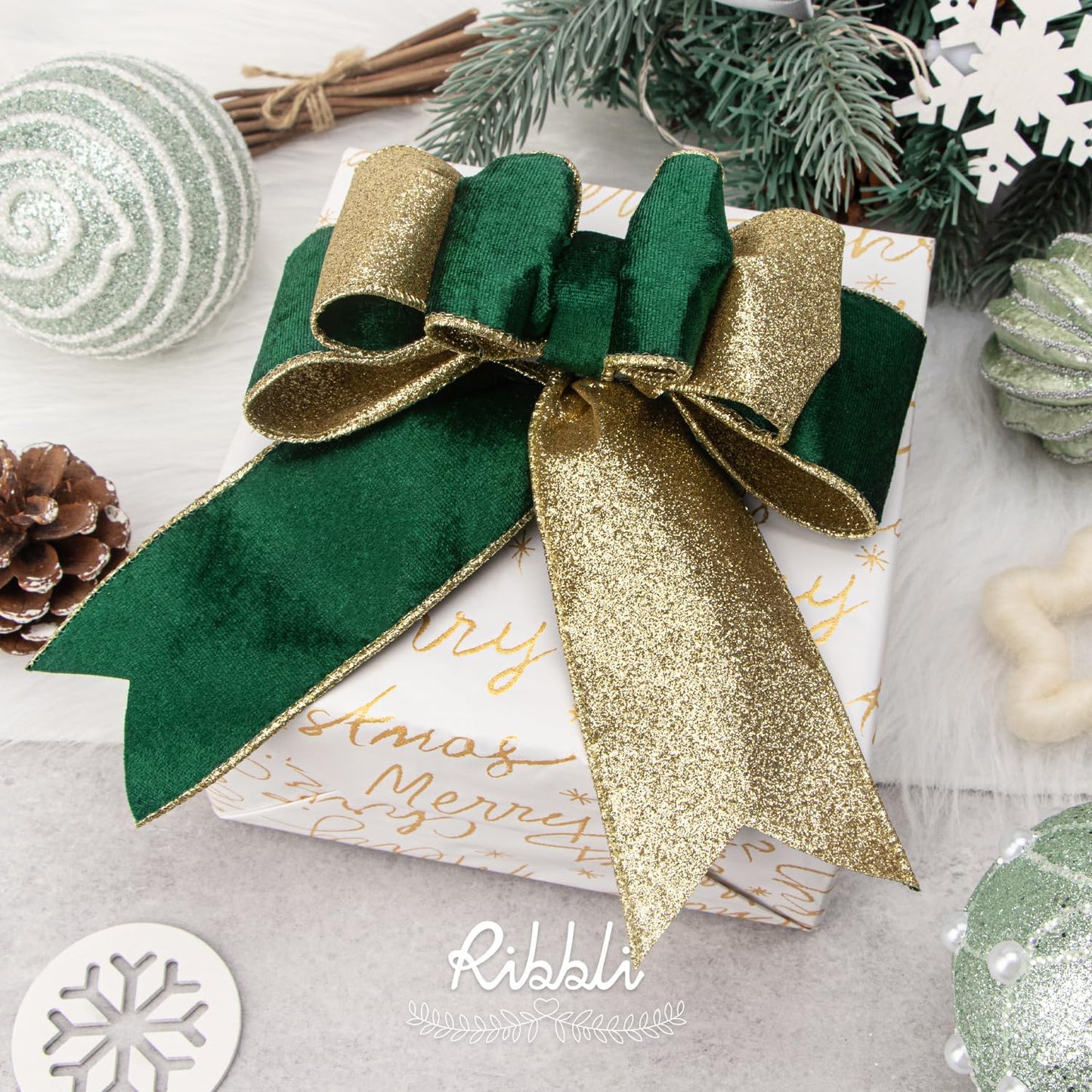 Ribbli Forest Green Velvet Wired Ribbon 2.5 Inch Green Velvet with Gold Glitter Christmas Ribbon for Christmas Tree Decoration Big Bow Gift Wrapping Crafts Wreaths Supplies- 10 Yards