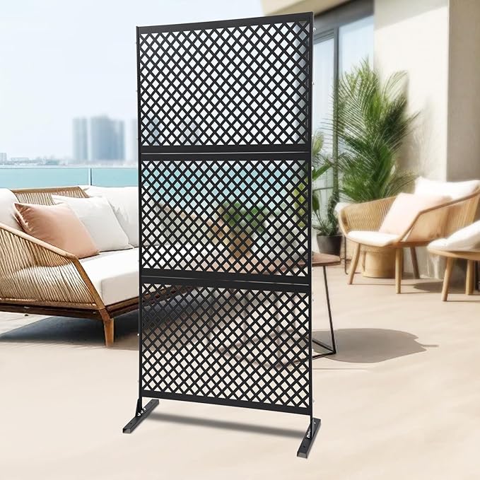 Outdoor Metal Privacy Screen with Stand, 35.4" W x 75" H Freestanding Metal Slatted Decorative Privacy Screen and Panels for Patio Garden Balcony Porch (Black Grill)