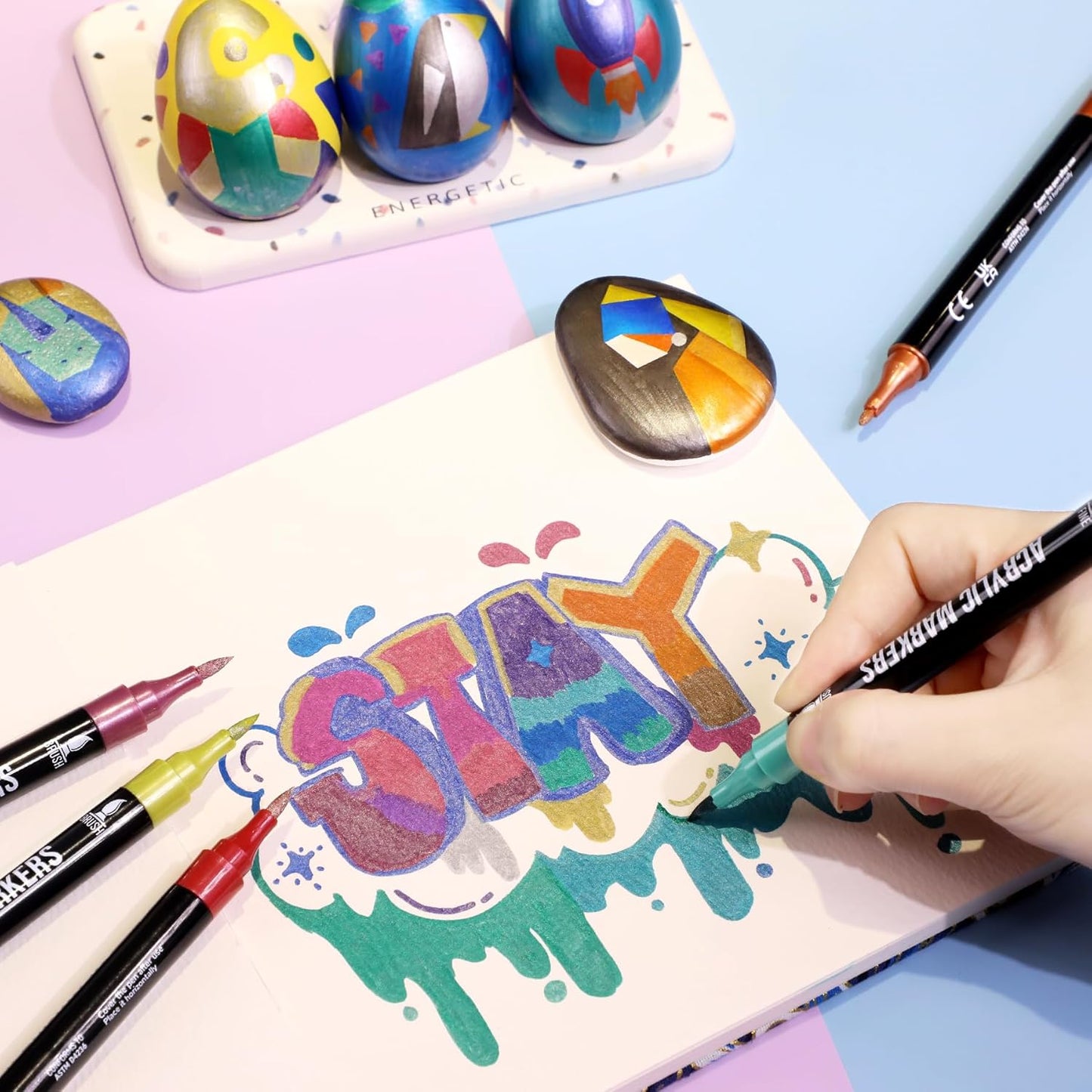 24 Metallic Colors Acrylic Paint Markers, Dual Tip with Fine Tip and Brush Tip Pens for Stone, Wood, Calligraphy, Canvas, Ceramic, Metal, Glass, Rock Painting, DIY Crafts