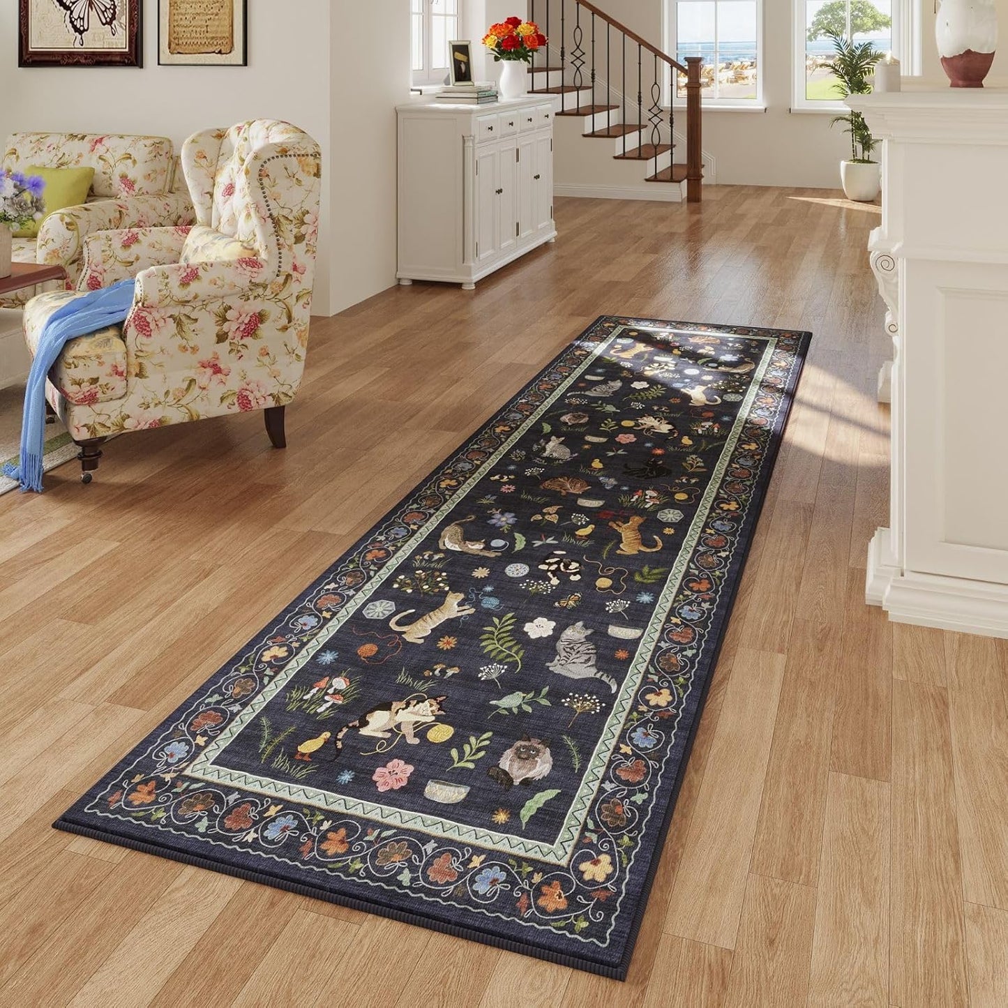 Rugcomf Runner Rug for Kitchen Non Slip 2'6''x8' Washable Rugs with Rubber Backing Soft Floral Animal Cat Carpet Runner for Kitchen Laundry Bedroom Bathroom, Cobalt Blue
