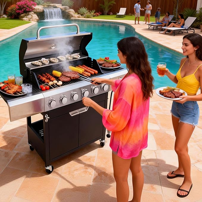 Endark Upgraded 68,500 BTU 6-Burner Propane Gas Grill with Side Burner | Stainless Steel Outdoor BBQ Grill with Porcelain Grates & Wheels for Patio, Garden, Backyard