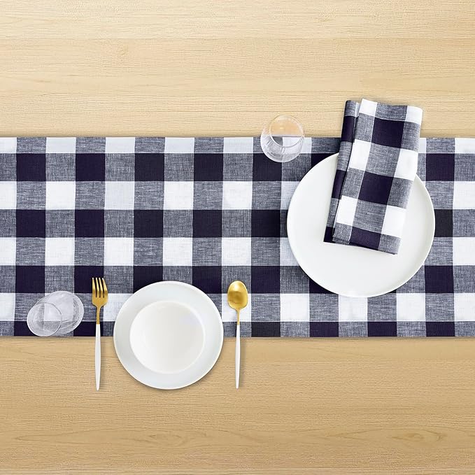 Solino Home Linen Checkered Table Runners 90 Inches Long - 100% Pure Linen Buffalo Check Navy and White Table Runner 14 x 90 Inch Ideal for Dining, Winter